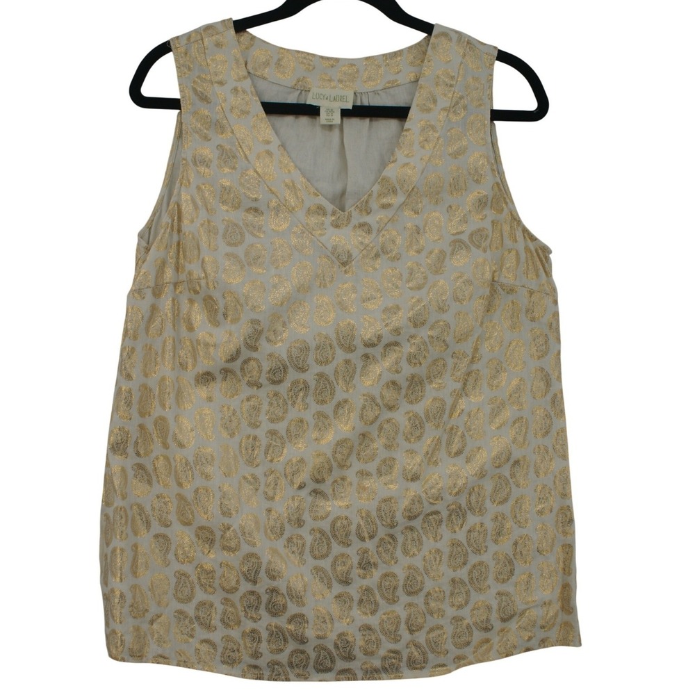 Lucy & Laurel Womens Gold Paisley Metallic Linen Sleeveless V-Neck Top Cream M